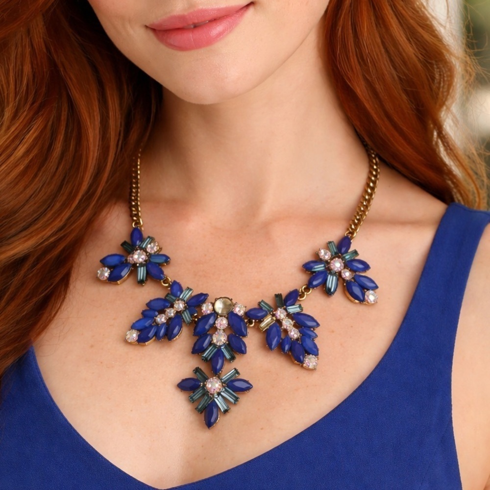 J. Crew Blue Rhinestone Floral Statement Necklace - Picture 1 of 2